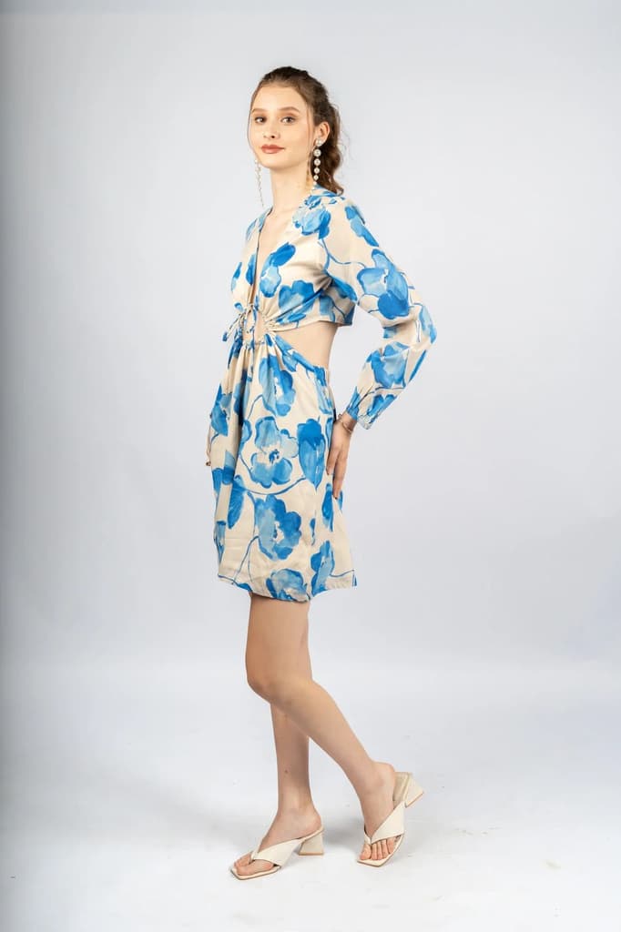 Blue & Beige Floral Cotton Cambric Fit & Flare Dress — photo 3