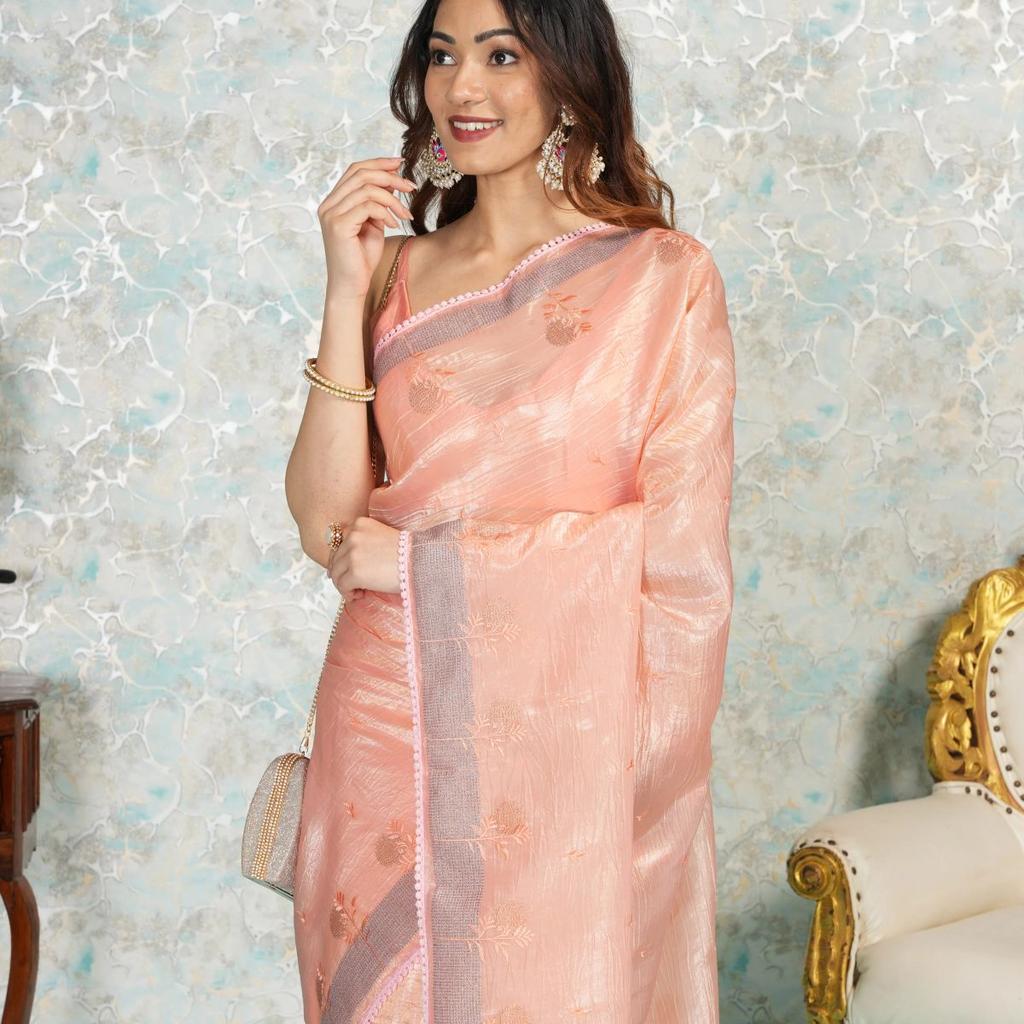 Mimosa Women's Woven Design Banarasi Style Tissue Crush Saree With Blouse Piece : SA00002016PCFREE