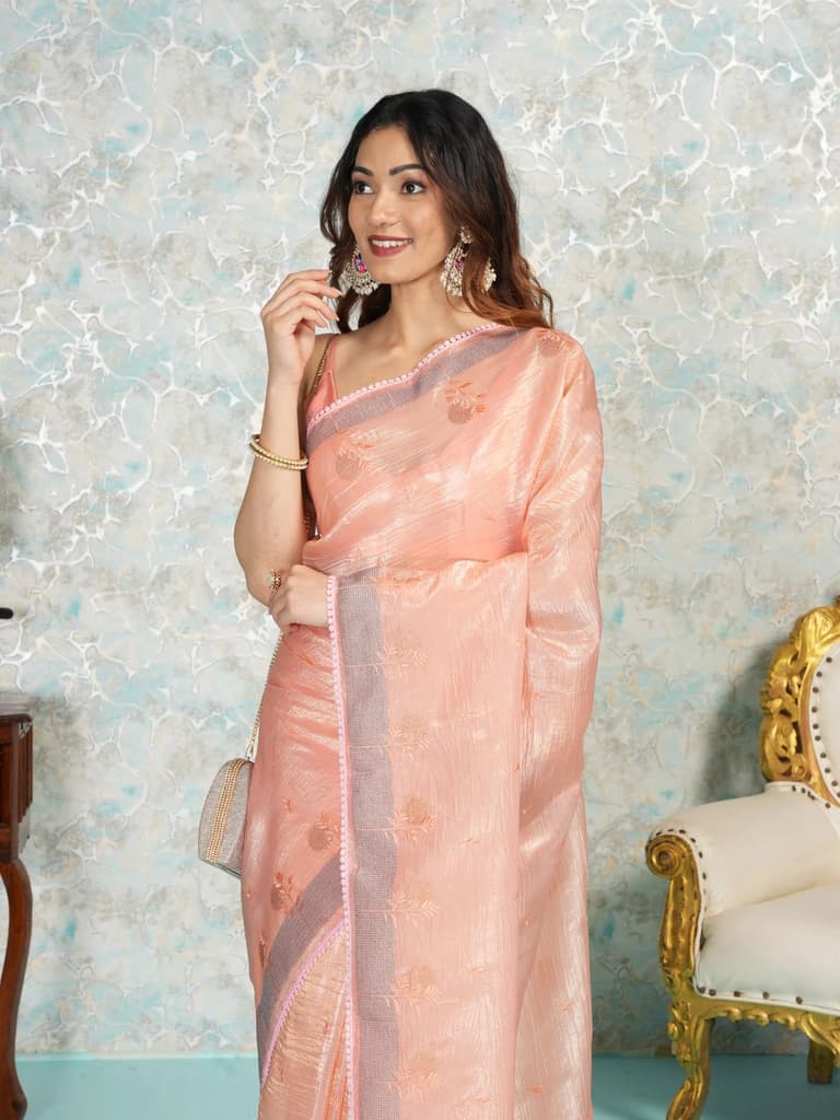 Mimosa Women's Woven Design Banarasi Style Tissue Crush Saree With Blouse Piece : SA00002016PCFREE — Peach