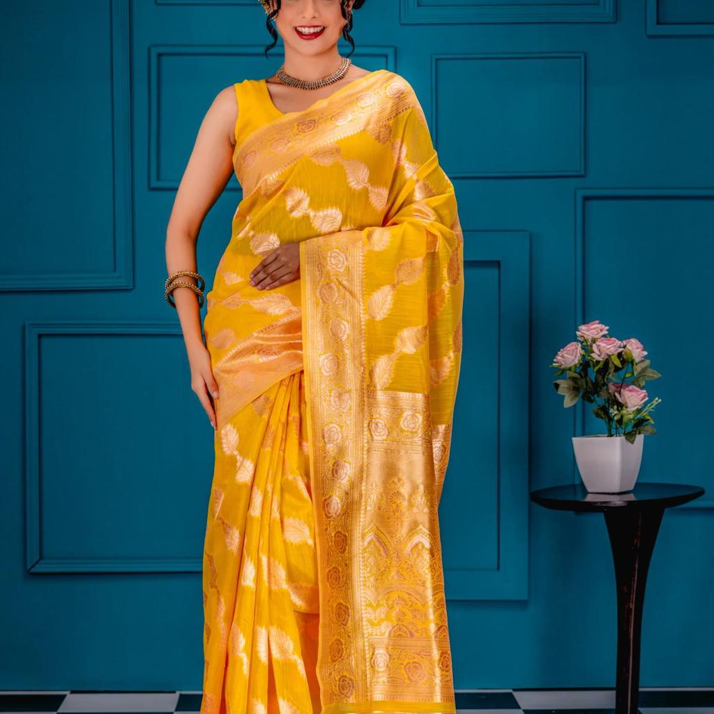 Mimosa Women's Woven Design Banarasi Style Art Silk Saree With Blouse Piece : SA00001773GDFREE