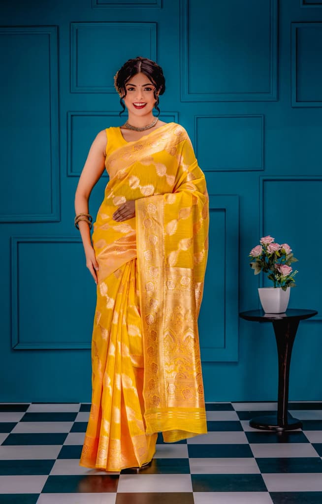 Mimosa Women's Woven Design Banarasi Style Art Silk Saree With Blouse Piece : SA00001773GDFREE — Gold