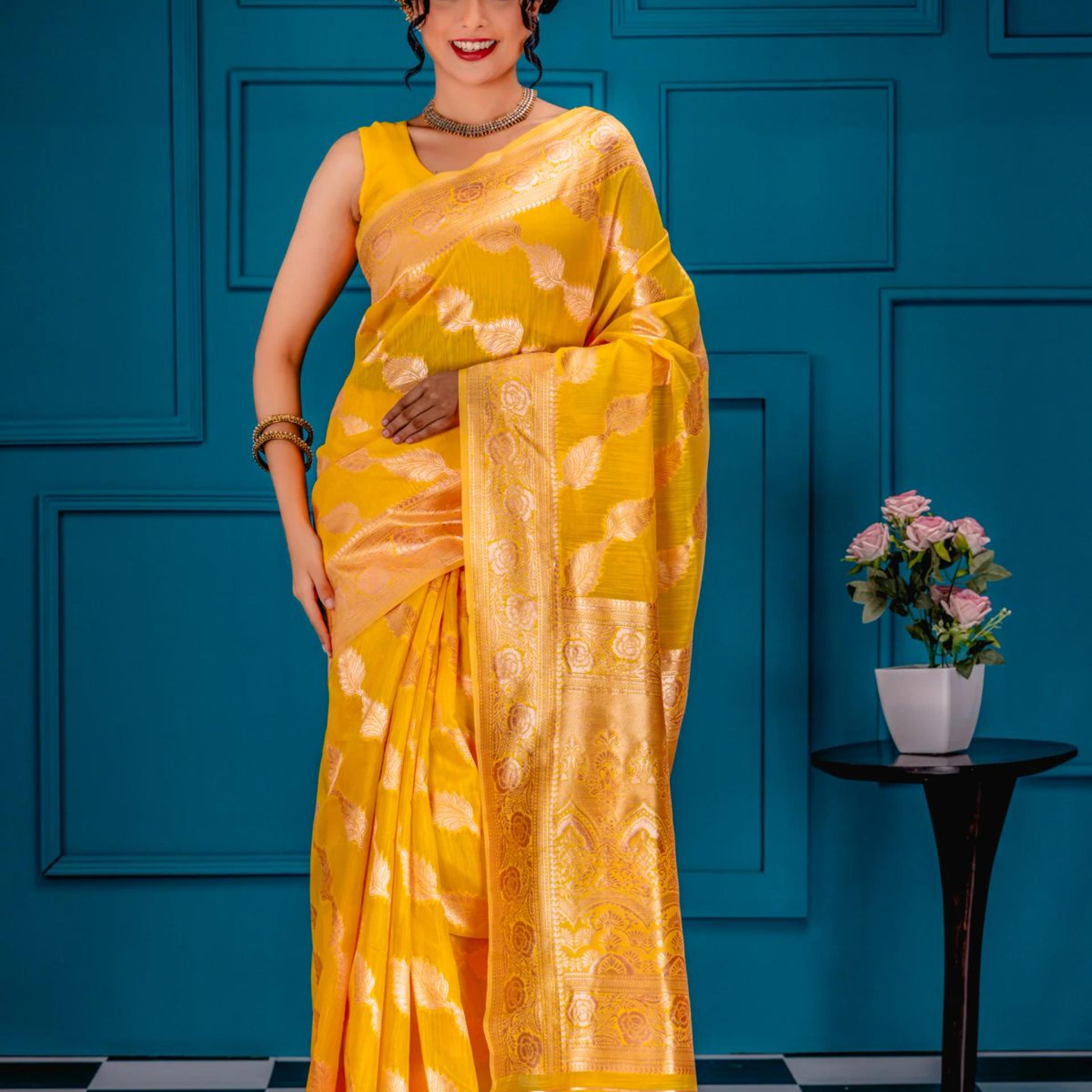 Mimosa Women's Woven Design Banarasi Style Art Silk Saree With Blouse Piece : SA00001773GDFREE