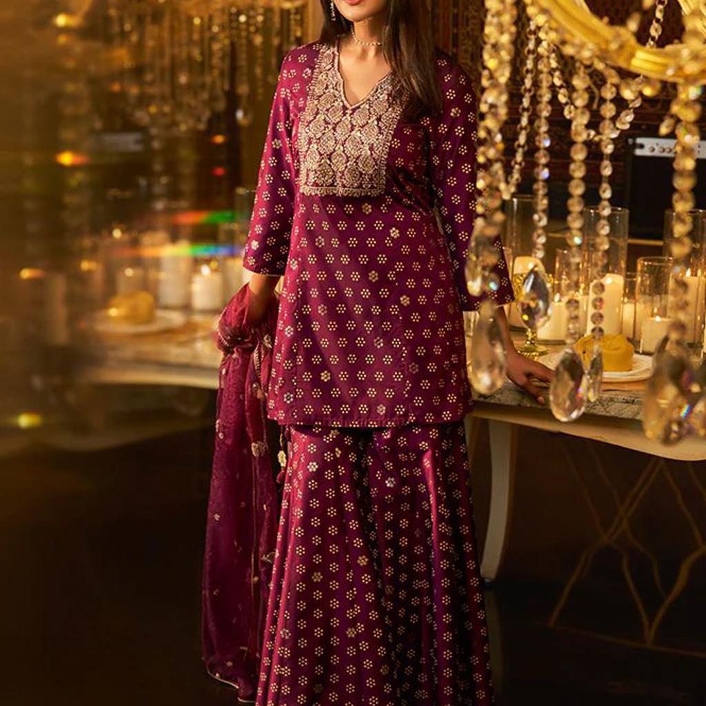 Maroon Embroidered A-Line Rayon Kurta with Sharara and Dupatta Set