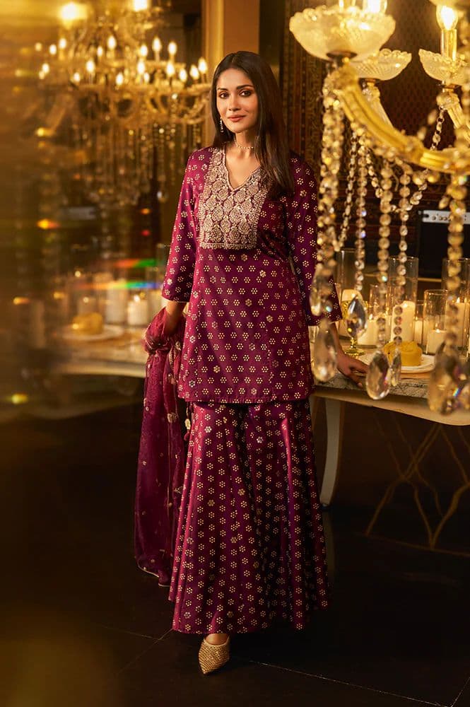Maroon Embroidered A-Line Rayon Kurta with Sharara and Dupatta Set — XS