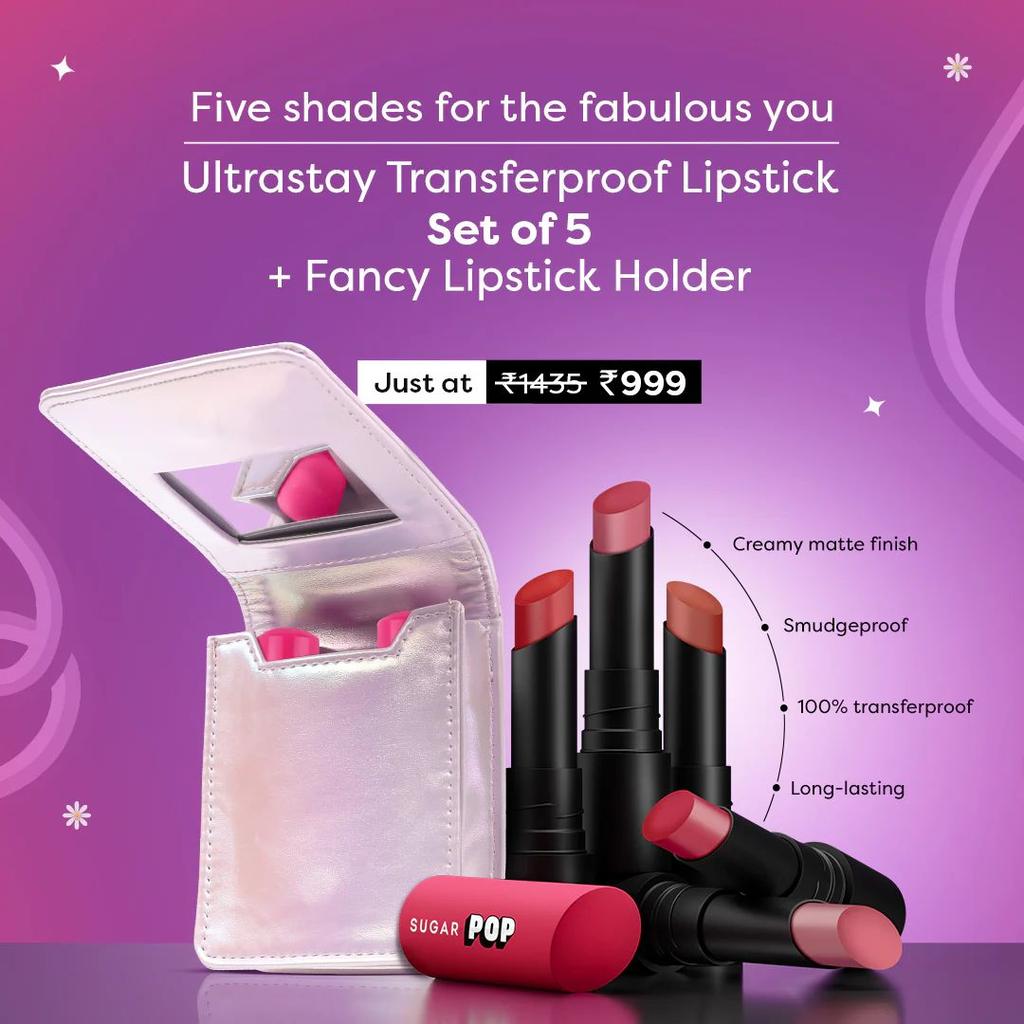 Set of 5 Ultrastay Transferproof Lipstick + Fancy Lipstick Holder