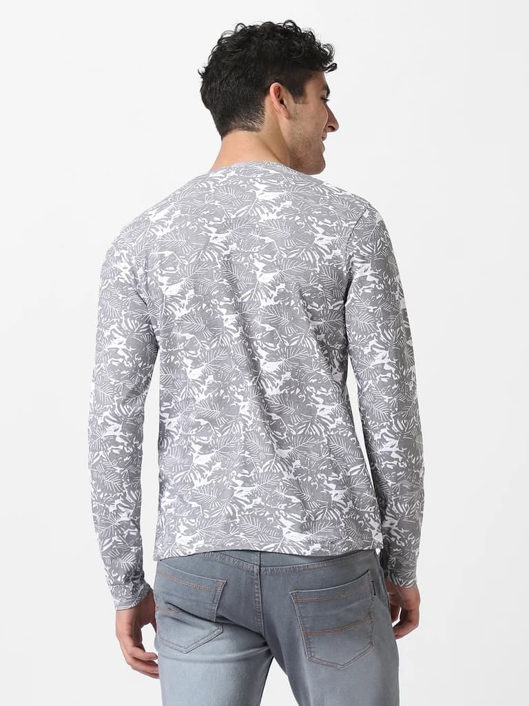 Men's White Grey Printed Full Sleeve Slim Fit Cotton T-Shirt — photo 3