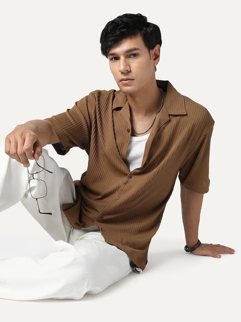 Men's Mocha Cotton Half Sleeve Oversized Fit Textured Shirt with Cuban Collar — S / Mocha