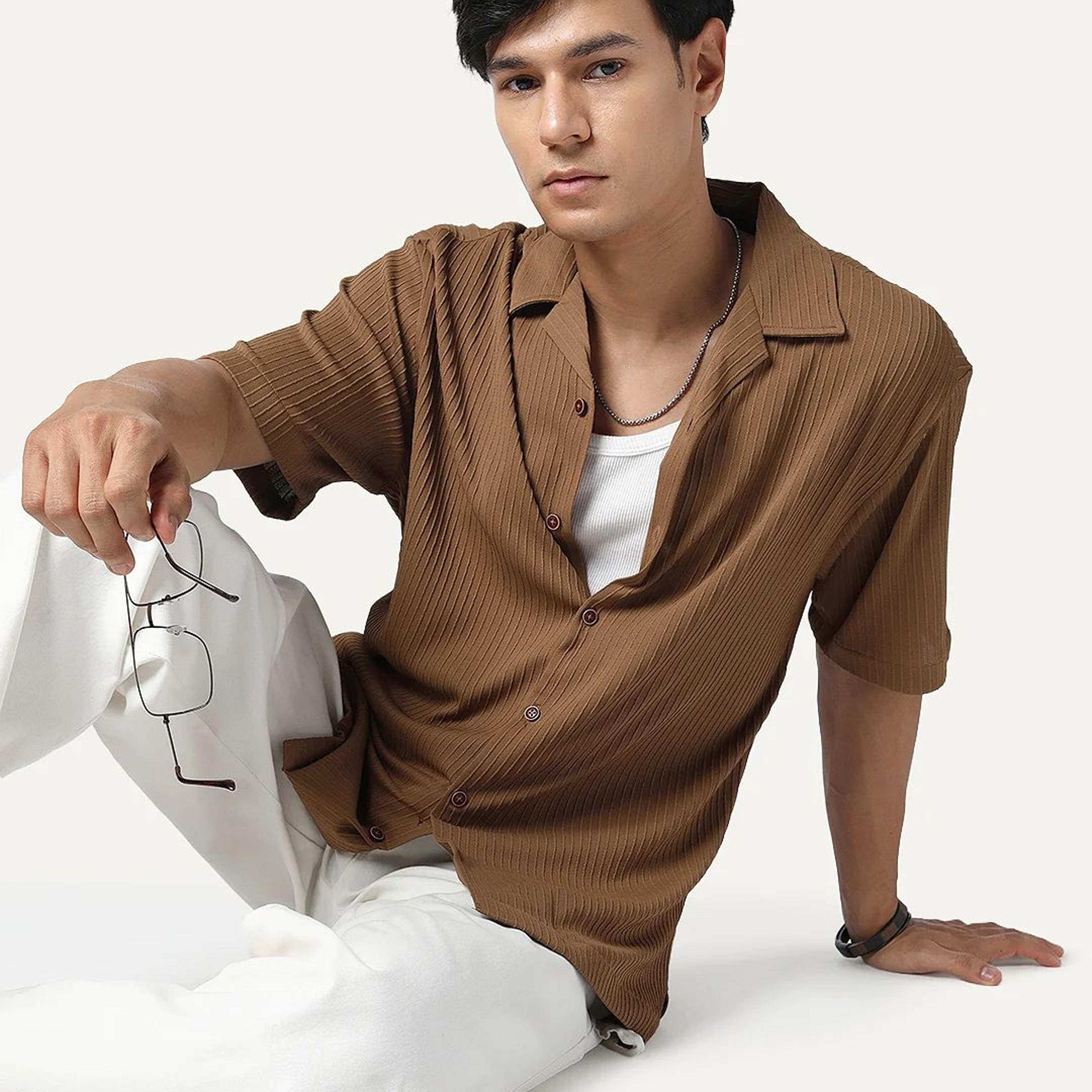 Men's Mocha Cotton Half Sleeve Oversized Fit Textured Shirt with Cuban Collar