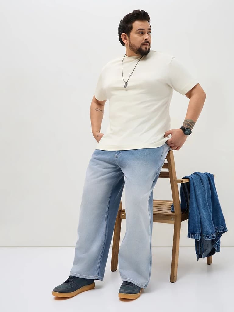 Plus Men's Light Blue Loose Baggy Fit Heavy Washed Faded Denim Jeans Non-Stretchable — photo 4