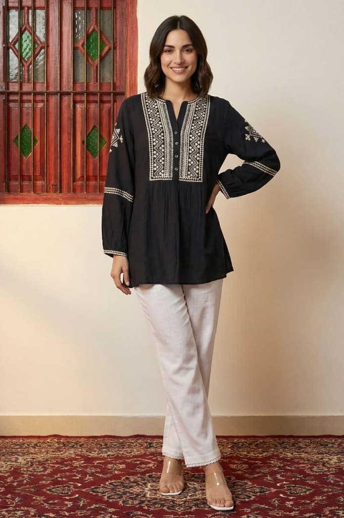 Black Ethnic Motifs Embroidered Straight Top — XS