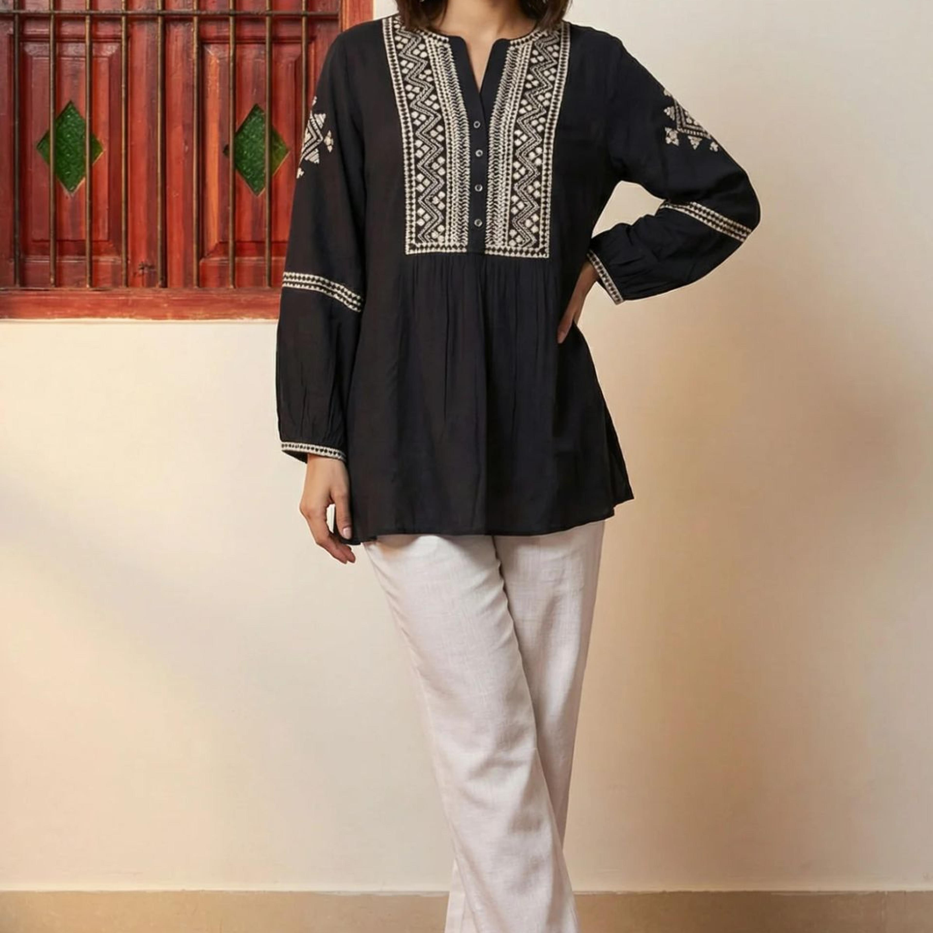 Black Ethnic Motifs Embroidered Straight Top