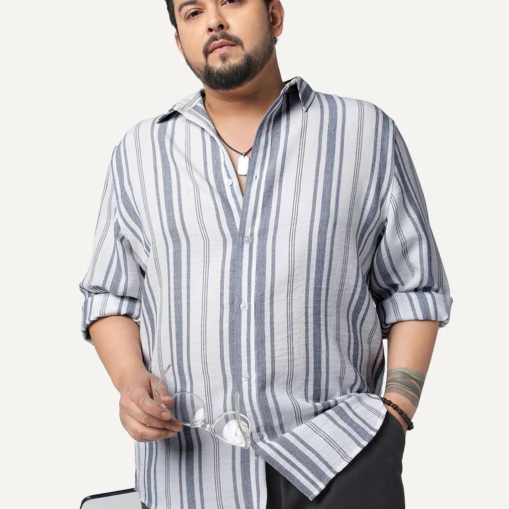 Plus Men's Navy Cotton Full Sleeve Relaxed Fit Linen Striped Shirt with Spread Collar
