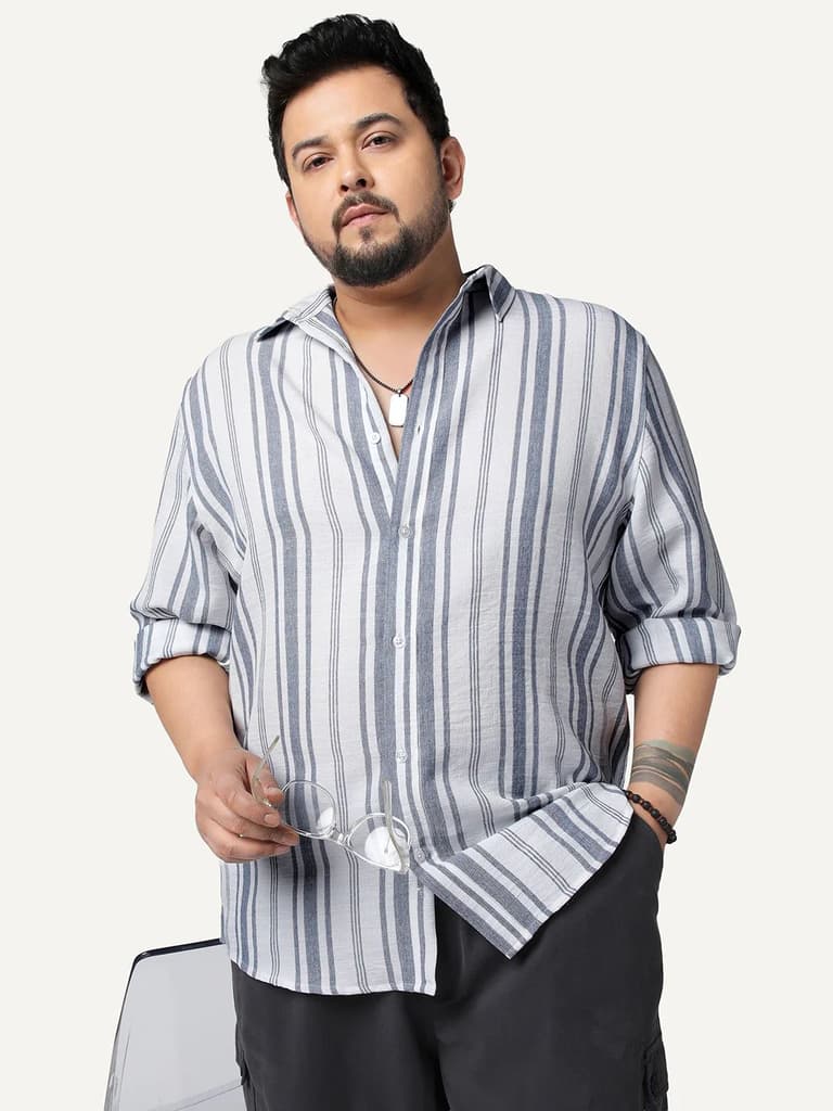 Plus Men's Navy Cotton Full Sleeve Relaxed Fit Linen Striped Shirt with Spread Collar — 2XL / Navy