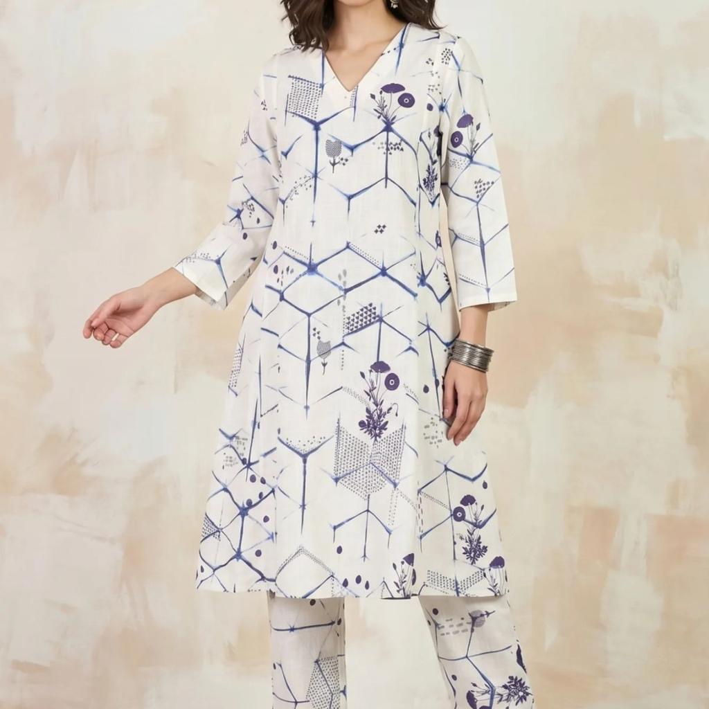 White Floral Printed Pure Cotton Straight Kurta