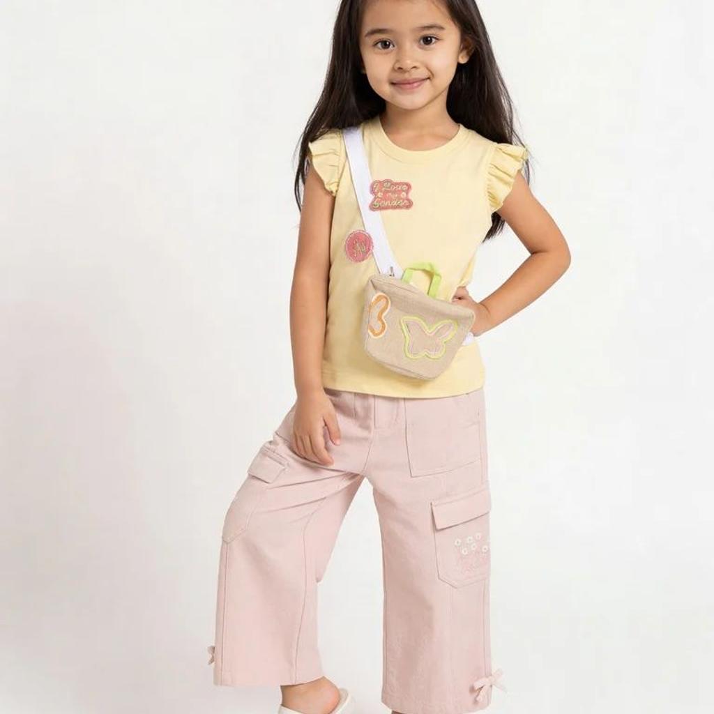 HOP Kids Girls Light Yellow Pouch Design Cotton Top
