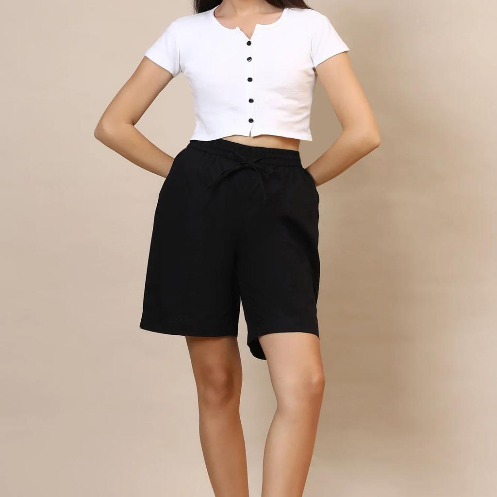 Black Solid Loose Fit Cotton Shorts With Drawstring