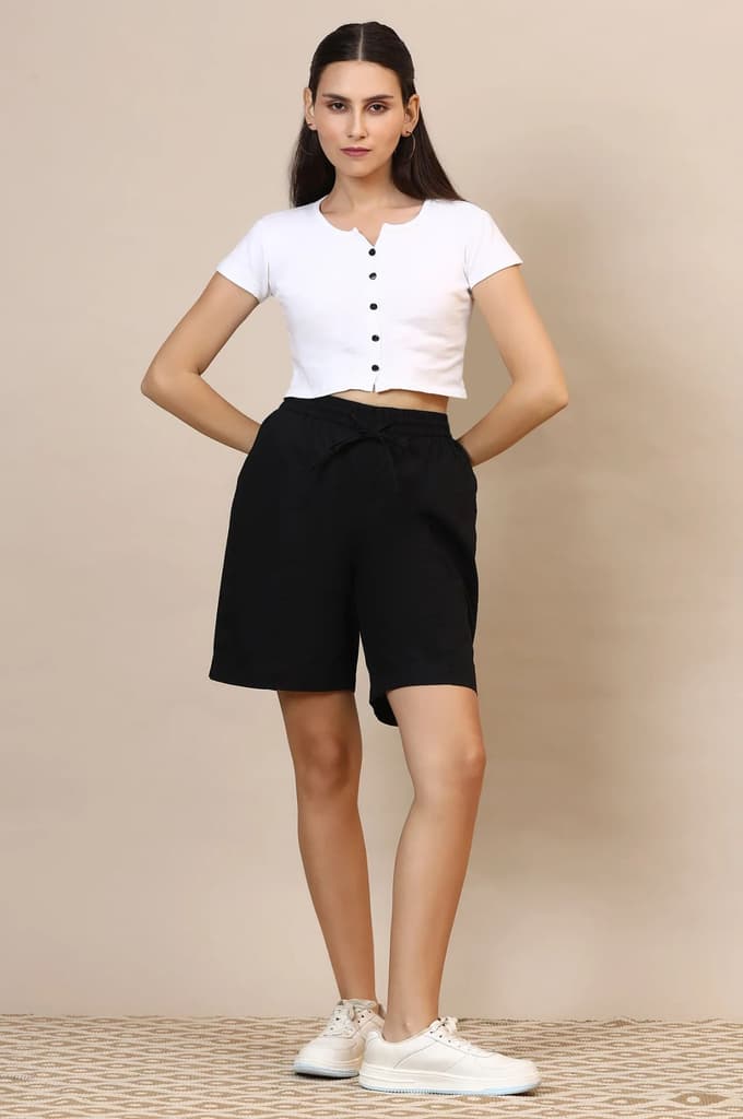 Black Solid Loose Fit Cotton Shorts With Drawstring