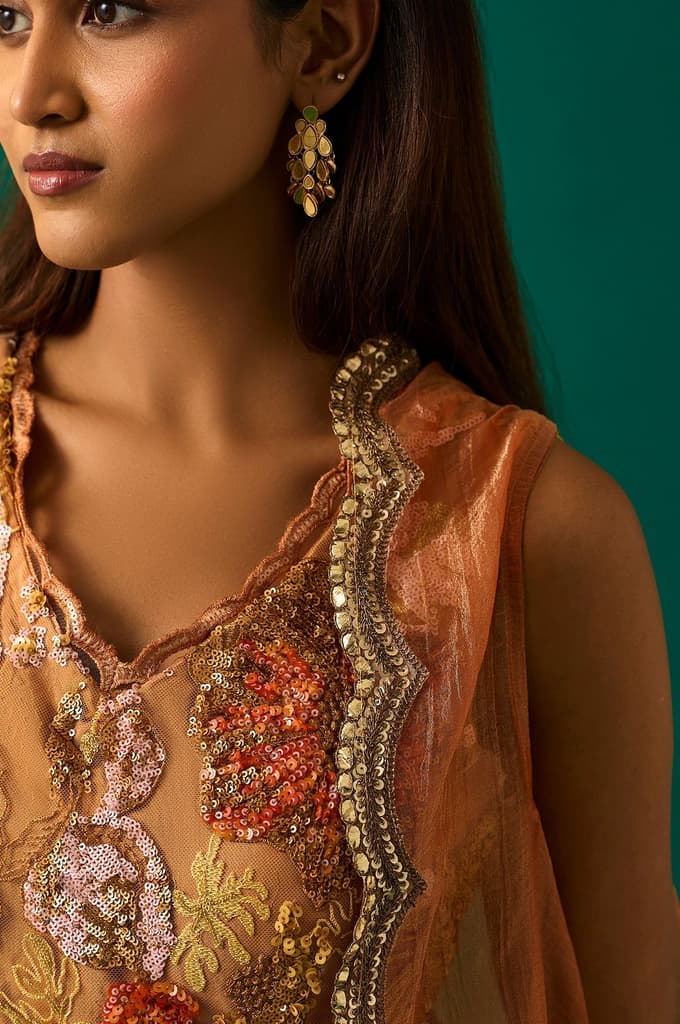 Orange Embroidered Flared Net Dress with Churidar and Cape Set — photo 7