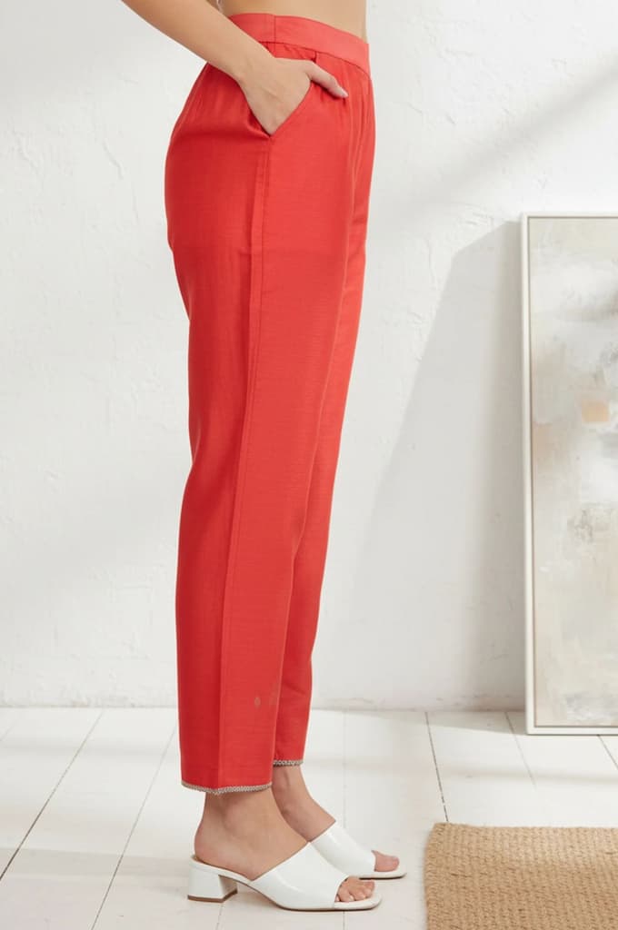 Red Solid Straight Fit Ankle Length Straight Pants — photo 5