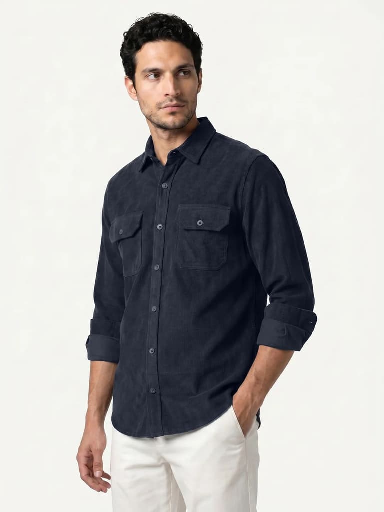 Men's Navy Corduroy Full Sleeve Regular Fit Solid Overshirt with Utility Pockets — photo 2
