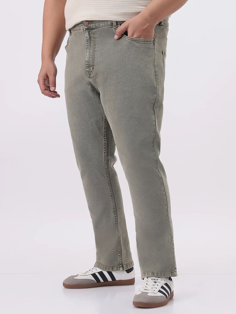 Plus Men's Light Grey Straight Fit Heavy Washed Jeans Stretchable — photo 3