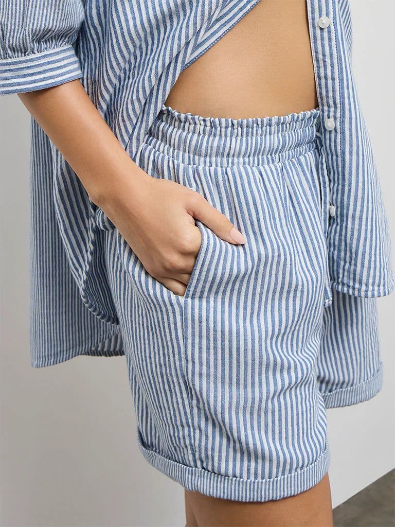 Wunderlove Blue Striped High-Rise Cotton Beach Shorts — photo 3