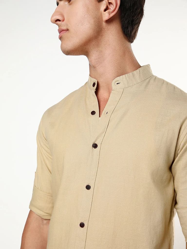 Men's Beige Linen Blend Full Sleeve Relaxed Fit Mandarin Collar Casual Solid Shirt — photo 7