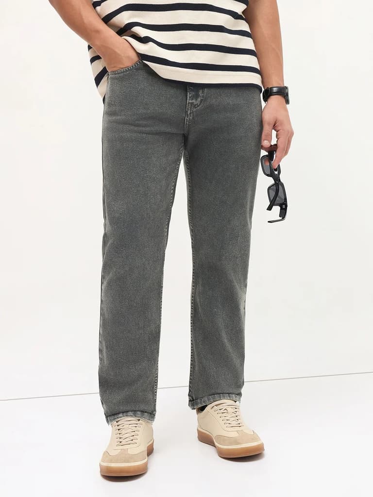 Men's Grey Regular Fit Towel Washed Yellow Tint Denim Jeans Stretchable — photo 3