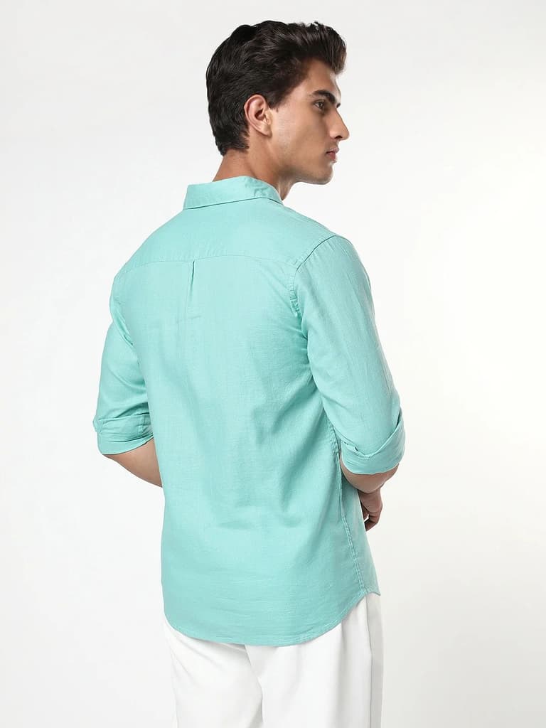 Men's Light Teal Linen Blend Full Sleeve Relaxed Fit Casual Solid Shirt — photo 3