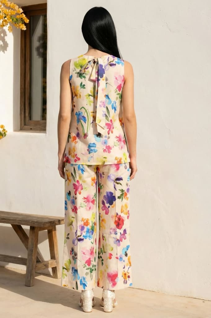 Multicolor Floral Printed Cotton Blend Straight Top and Pants Co-ord Set — photo 4