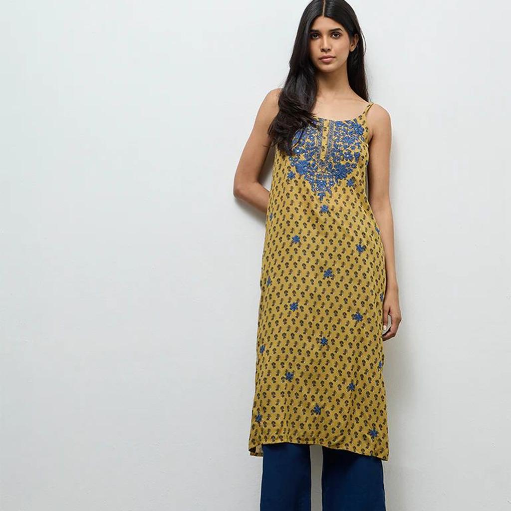 Utsa Mustard Floral Printed A-Line Kurta