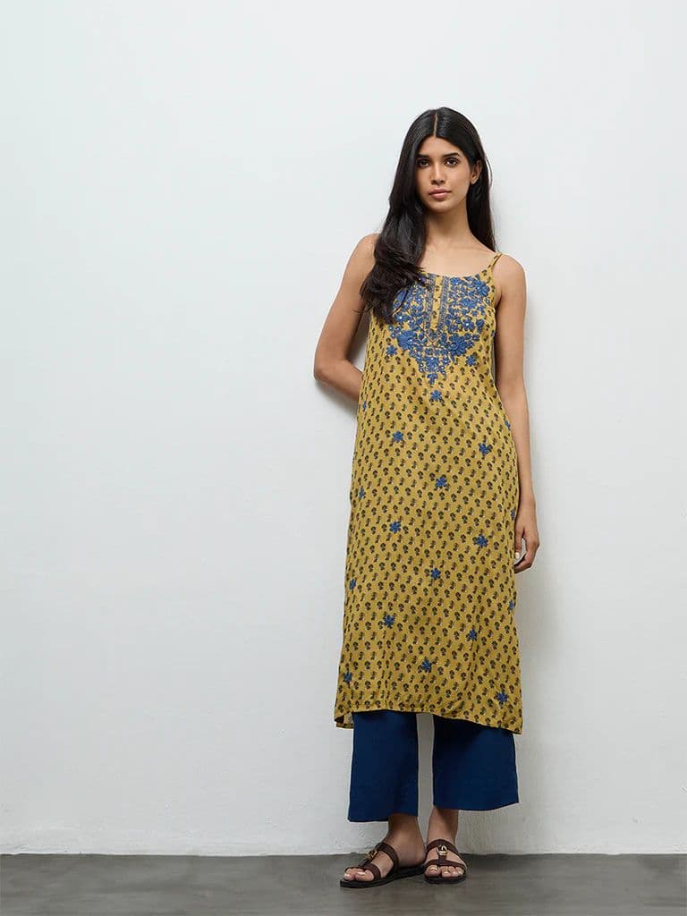 Utsa Mustard Floral Printed A-Line Kurta