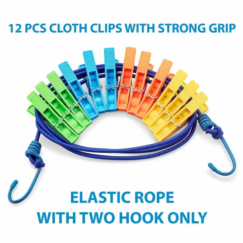 Jatin Elastic Rope | 70 inch With 2 Hooks + 12 pcs Cloth Pegs