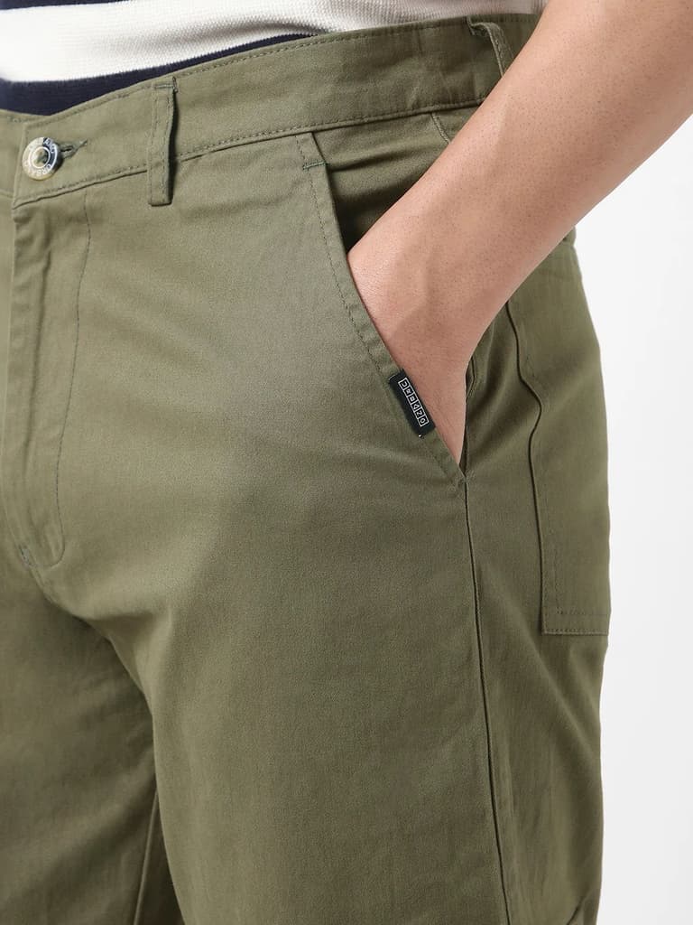 Men's Olive Regular Fit Solid Cargo Chino Pant with 6 Pockets Stretchable — photo 6
