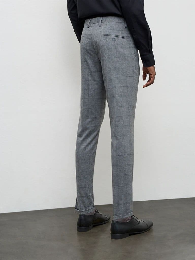 WES Formals Grey Plaid Checkered Slim-Fit Mid-Rise Trousers — photo 4