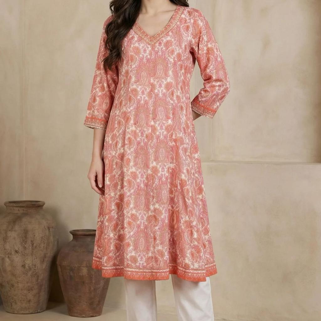 Peach Paisley Printed Sequins Modal Anarkali Kurta