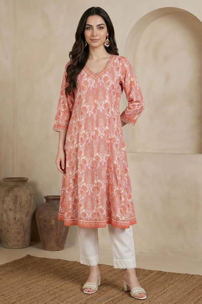 Peach Paisley Printed Sequins Modal Anarkali Kurta — XS