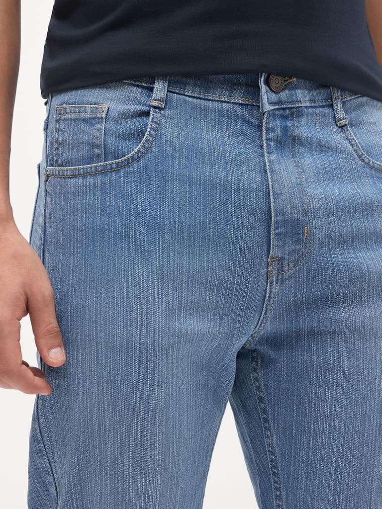 Men's Light Blue Straight Fit Washed Denim Jeans Stretchable — photo 6
