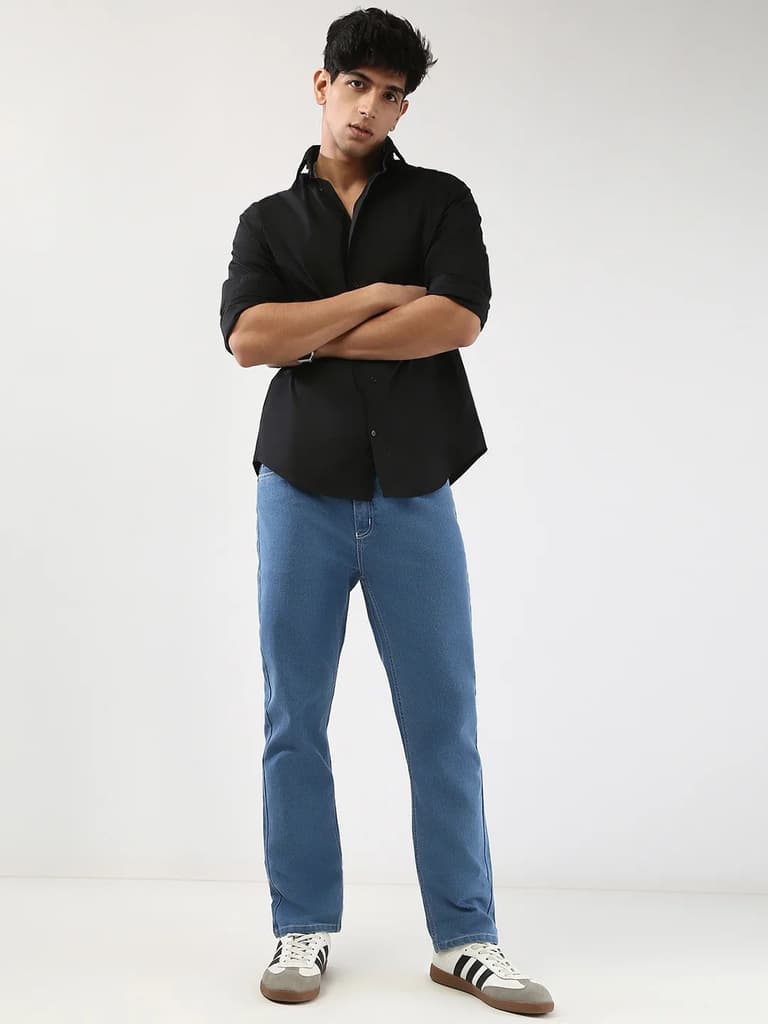 Men's Light Blue Straight Fit Washed Jeans Stretchable — photo 4
