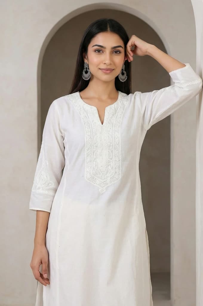 White Thread Embroidered Cotton Blend Straight Kurta — photo 3
