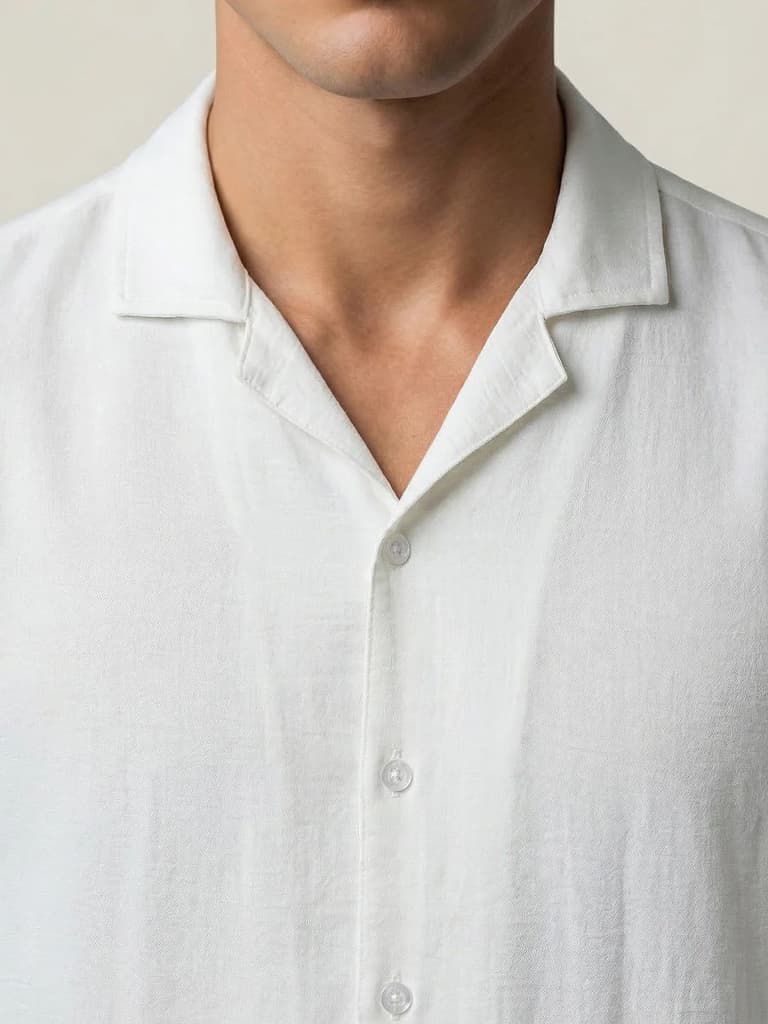 Men's White Cotton Half Sleeve Relaxed Fit Textured Shirt with Cuban Collar — photo 6