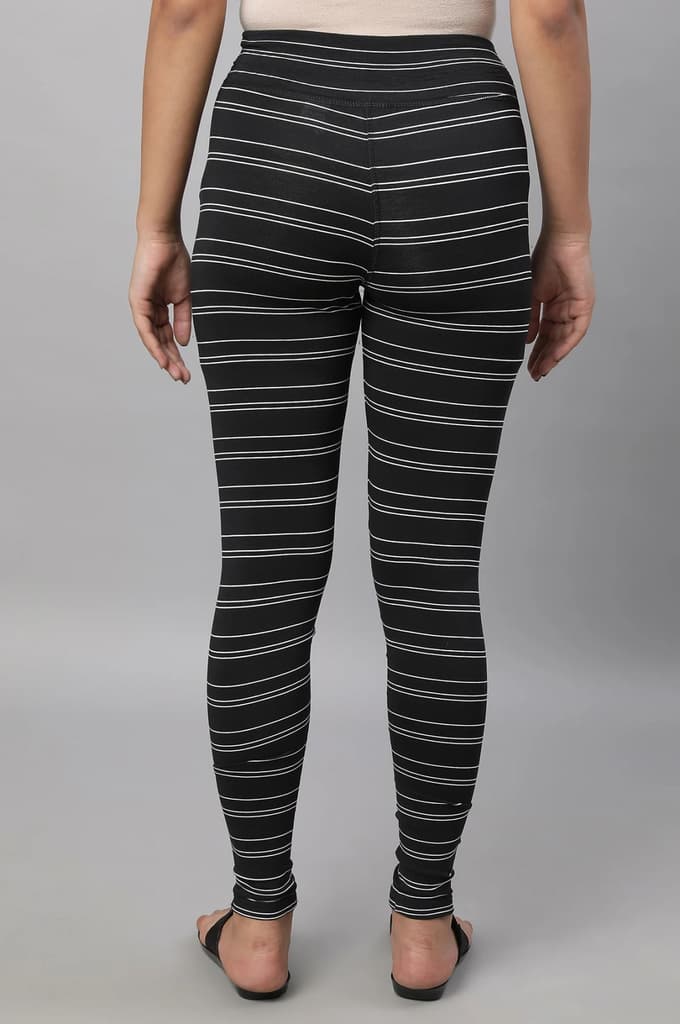 Black Striped Skinny Fit Cotton Tights With High Waistband — photo 2