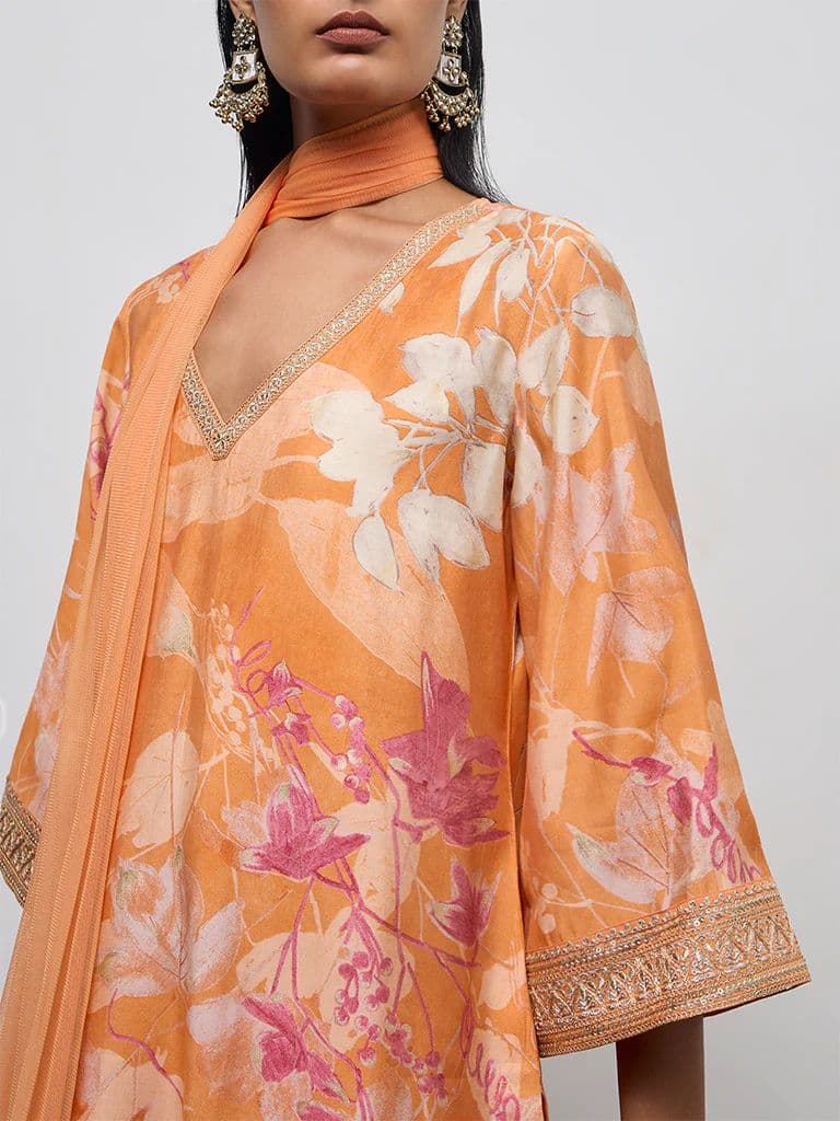 Vark Light Orange Floral Printed A-Line Ethnic Set — photo 3