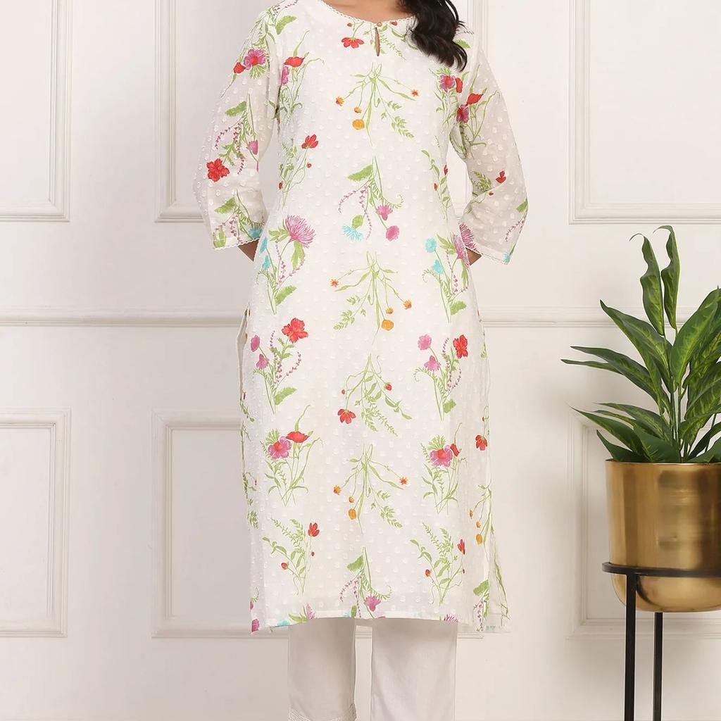 Ecru Floral Printed Straight Pure Cotton Kurta