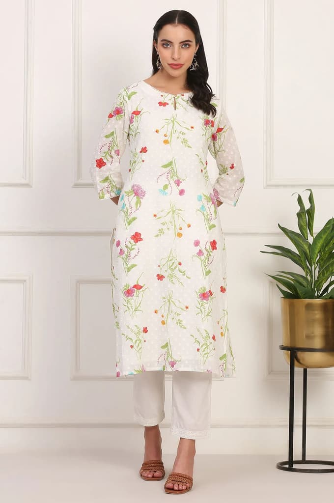 Ecru Floral Printed Straight Pure Cotton Kurta