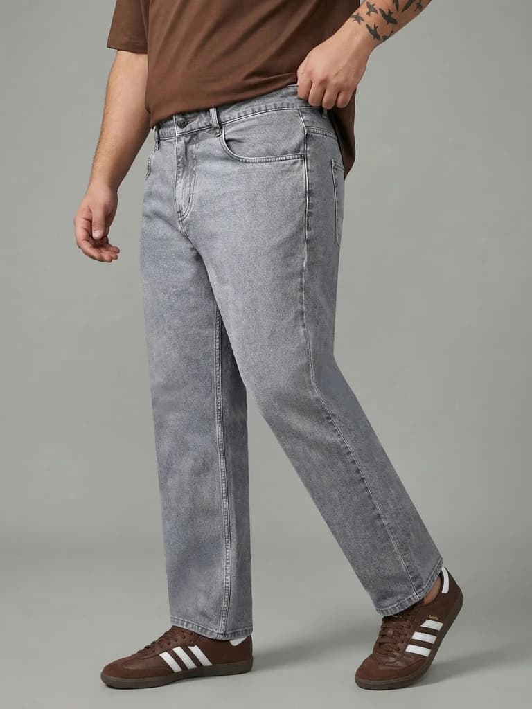 Plus Men's Ice Grey Relaxed Fit Washed Denim Jeans Non-Stretchable — photo 2
