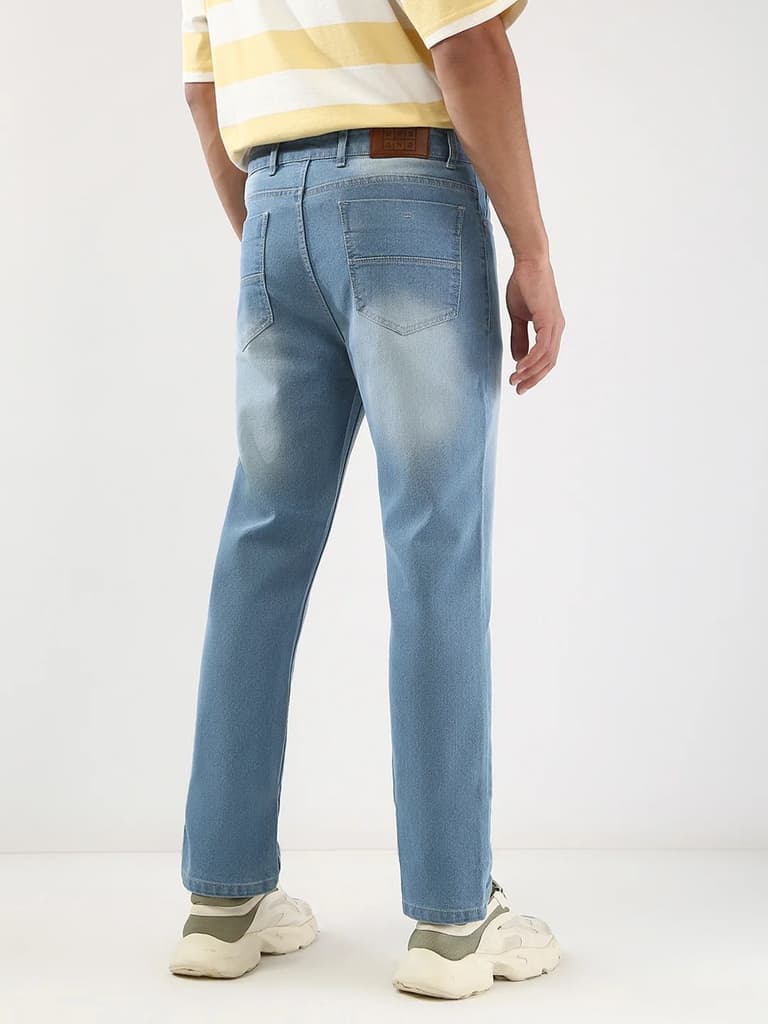 Men's Light Blue Straight Fit Washed Jeans Stretchable — photo 3