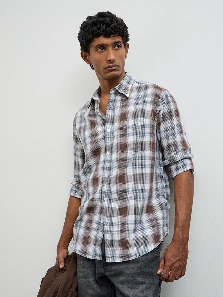WES Casuals Brown Checkered Relaxed-Fit Cotton-Blend Shirt