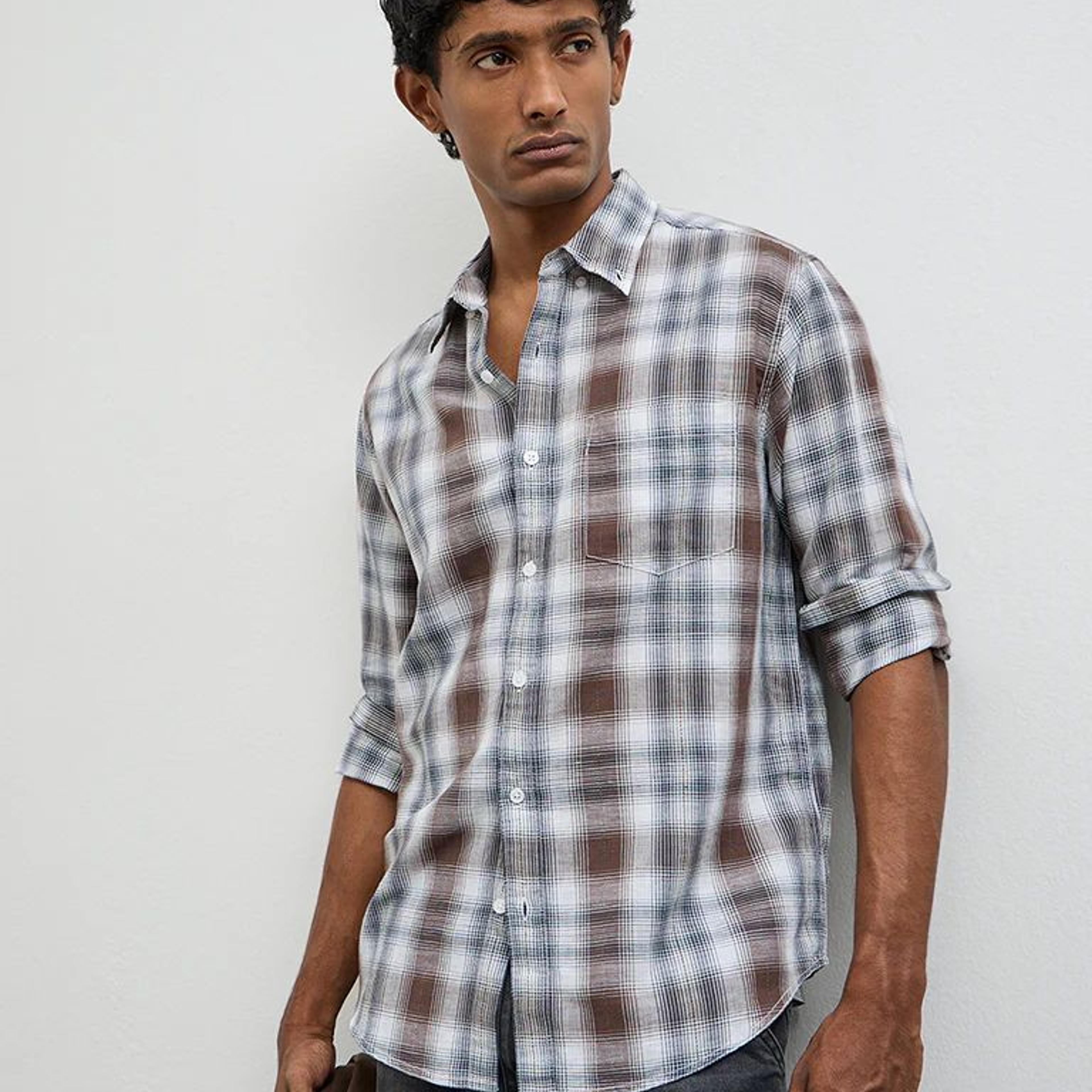 WES Casuals Brown Checkered Relaxed-Fit Cotton-Blend Shirt