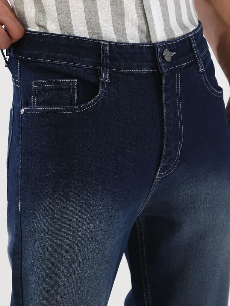 Men's Dark Blue Straight Fit Washed Jeans Stretchable — photo 6